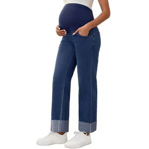Maternity Straight Leg Cuffed Comfy Over Belly Support Denim Pants Dark Blue
